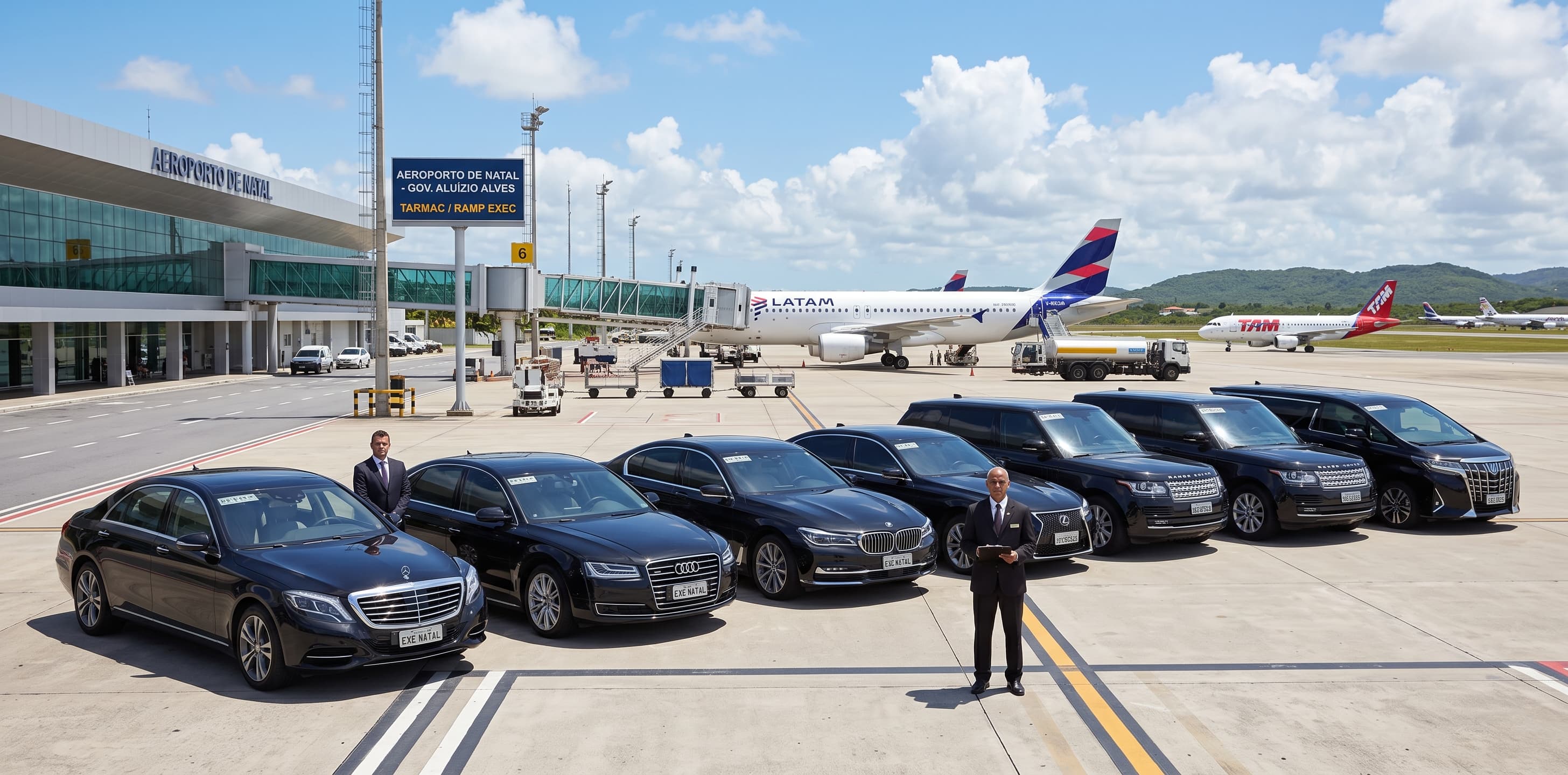 Frota executiva da LS Receptivo enfileirada no pátio do aeroporto de Natal